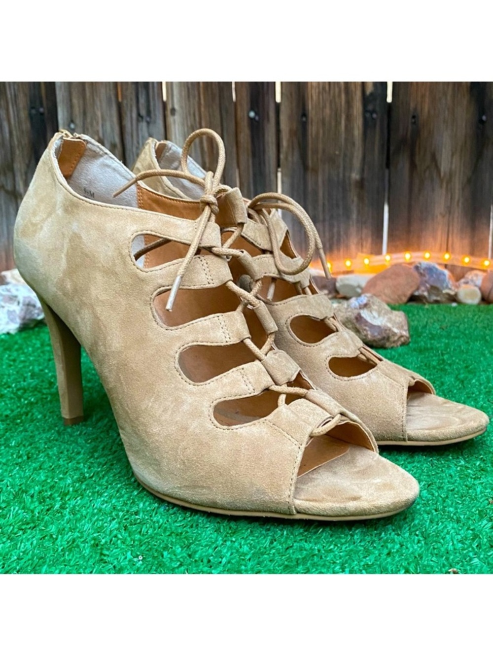 14th & Union Tan Suede Lace-Up Peep-Toe Heels